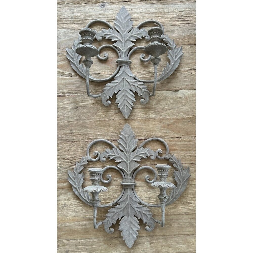 Pair Fleur De Lis Wall Sconces Taper Candle Holders Metal Iron Coated Taupe 15”